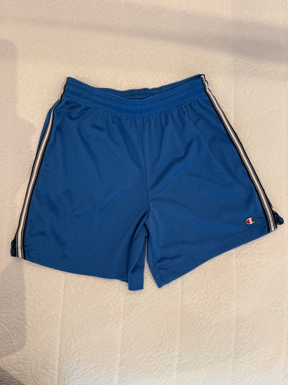 Champion Blue Athletic Mesh Shorts with White/Black Side Stripes